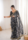 Black Printed Georgette Saree with Gold Embroidered Border