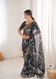 Black Printed Georgette Saree with Gold Embroidered Border