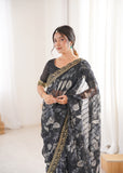 Black Printed Georgette Saree with Gold Embroidered Border
