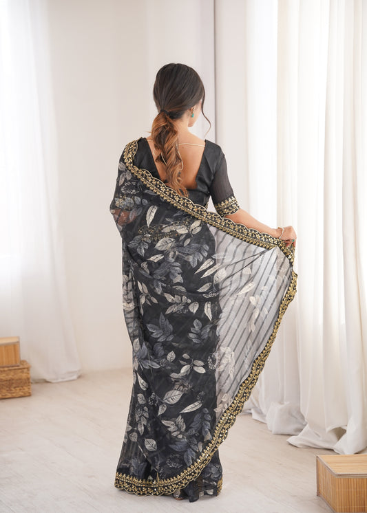 Black Printed Georgette Saree with Gold Embroidered Border