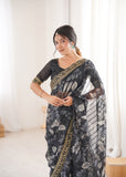 Black Printed Georgette Saree with Gold Embroidered Border