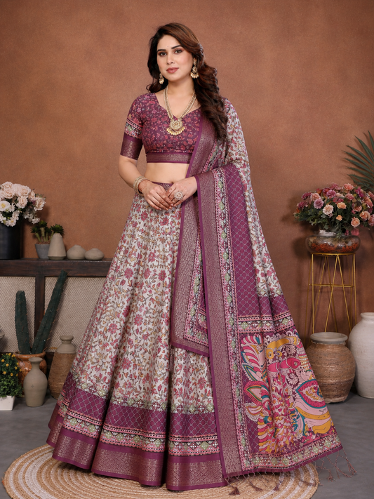 Wine Kalamkari Banarasi Silk Half Saree Lehenga Choli, South Indian Langa Voni Set