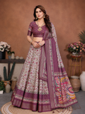 Wine Kalamkari Banarasi Silk Half Saree Lehenga Choli, South Indian Langa Voni Set