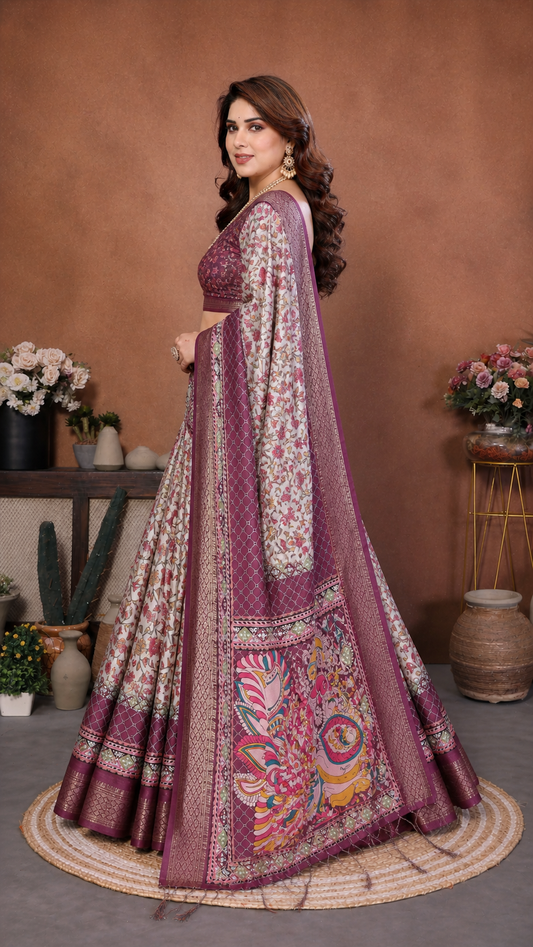 Wine Kalamkari Banarasi Silk Half Saree Lehenga Choli, South Indian Langa Voni Set
