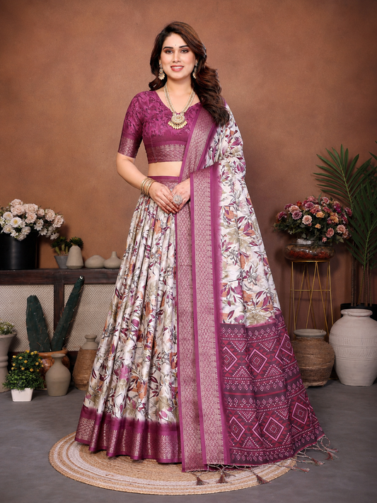 Wine Banarasi Silk Half Saree Lehenga Choli, South Indian Langa Voni Set