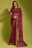 Royal Envy Wine Saree with Gold Foil Buti & Lace Border