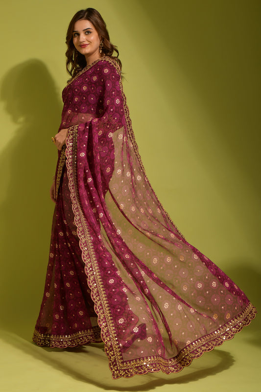 Royal Envy Wine Saree with Gold Foil Buti & Lace Border