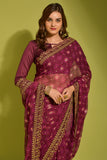Royal Envy Wine Saree with Gold Foil Buti & Lace Border