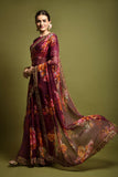 Wine Floral Georgette Saree with Golden Embroidered Border
