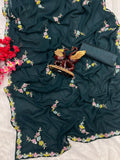 Forest Teal Blue Floral Embroidered Saree with Delicate Multicolor Border