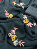 Forest Teal Blue Floral Embroidered Saree with Delicate Multicolor Border