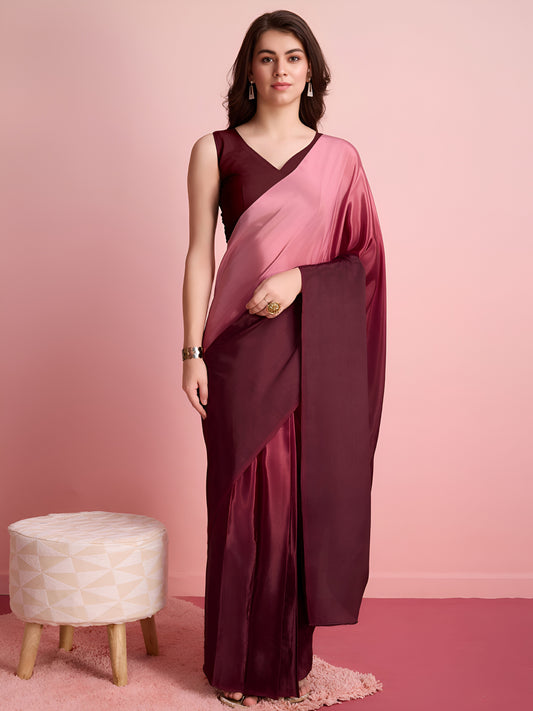 Wine Satin Silk Saree for Evening & Festive Ready to Wear Saree