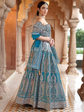 Teal Blue Ajrakh Print Lehenga Set with Puff Sleeve Blouse