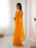 Star Yellow Georgette Saree with Silver Floral Embellishments and Gold Border