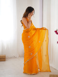 Star Yellow Georgette Saree with Silver Floral Embellishments and Gold Border