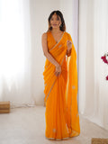 Star Yellow Georgette Saree with Silver Floral Embellishments and Gold Border