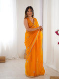 Star Yellow Georgette Saree with Silver Floral Embellishments and Gold Border