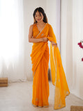Star Yellow Georgette Saree with Silver Floral Embellishments and Gold Border