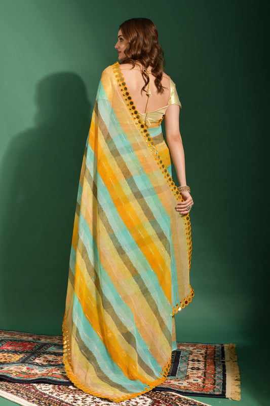 Sunshine Bloom Striped Georgette Saree with Yellow Mirror Border