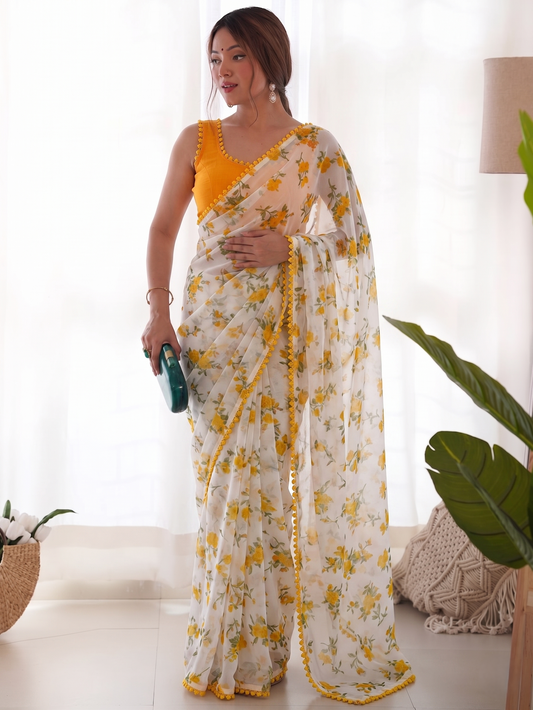 Yellow Printed Chiffon Saree with Orange Blouse, Lightweight Designer Saree, Party Wear Saree for Women, Elegant Ethnic Saree Set