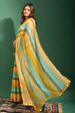 Sunshine Bloom Striped Georgette Saree with Yellow Mirror Border