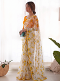 Yellow Printed Chiffon Saree with Orange Blouse, Lightweight Designer Saree, Party Wear Saree for Women, Elegant Ethnic Saree Set