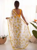 Yellow Printed Chiffon Saree with Orange Blouse, Lightweight Designer Saree, Party Wear Saree for Women, Elegant Ethnic Saree Set