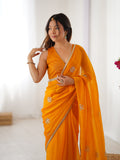 Star Yellow Georgette Saree with Silver Floral Embellishments and Gold Border