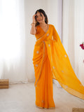 Star Yellow Georgette Saree with Silver Floral Embellishments and Gold Border