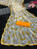 Yellow Printed Chiffon Saree with Orange Blouse, Lightweight Designer Saree, Party Wear Saree for Women, Elegant Ethnic Saree Set
