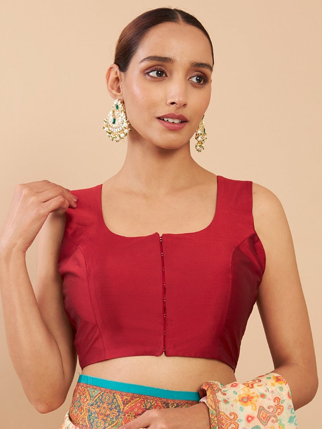 Women's Solid Silk Sleeveless Blouse Square Neck Festive Ethnic Wear