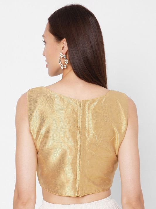 Gold Sleeveless Boat Neck Readymade Saree Blouse