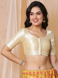 Beige Boat Neck Elbow Sleeve Readymade Saree Blouse in Silk Blend