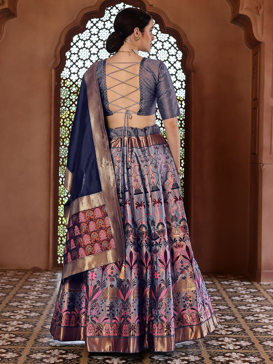 Royal Blue and Silver Brocade Lehenga with Designer Blouse & Navy Dupatta
