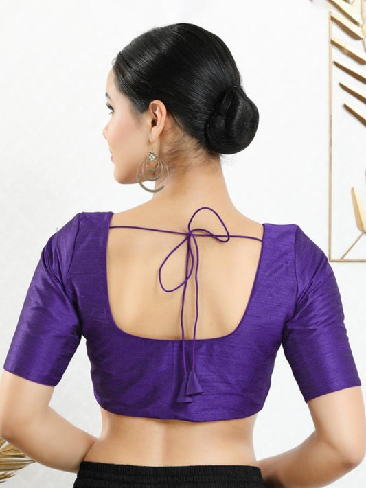 Purple Boat Neck Elbow Sleeve Readymade Saree Blouse in Silk Blend