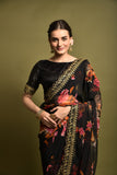 Black Floral Georgette Saree with Golden Embroidered Border