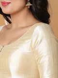 Beige Boat Neck Elbow Sleeve Readymade Saree Blouse in Silk Blend