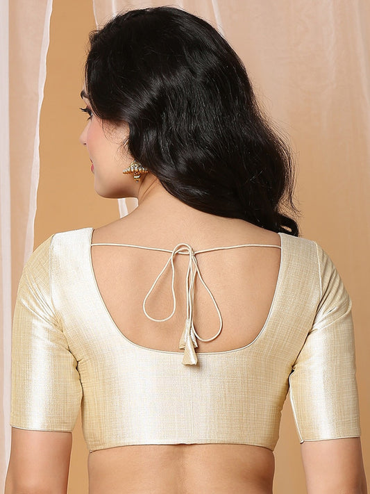 Beige Boat Neck Elbow Sleeve Readymade Saree Blouse in Silk Blend