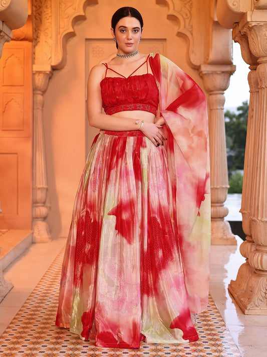 Crimson Rose Tie-Dye Lehenga Set with Spaghetti Strap Blouse