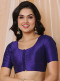 Purple Boat Neck Elbow Sleeve Readymade Saree Blouse in Silk Blend