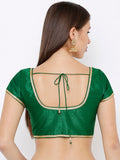 Green Gold-Trim Round Neck Readymade Saree Blouse (Short Sleeve)