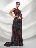 Galaxy Gleam Sequin Saree – Dual-Tone Red & Green with Black Sheer Pallu