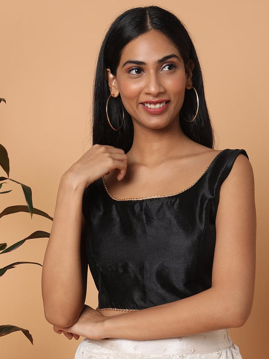 Black Sleeveless Square Neck Readymade Saree Blouse with Silver Lace