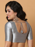 Silver Boat Neck Elbow Sleeve Readymade Saree Blouse in Silk Blend