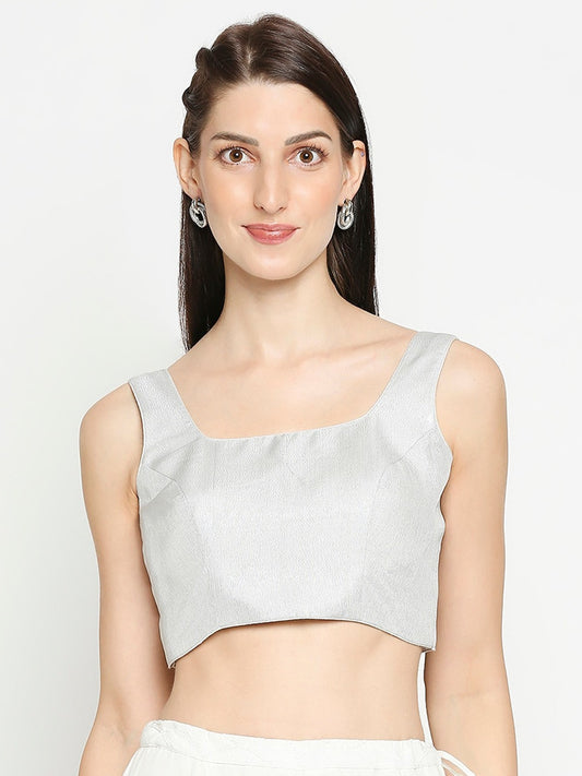 Silver Square Neck Sleeveless Readymade Saree Blouse