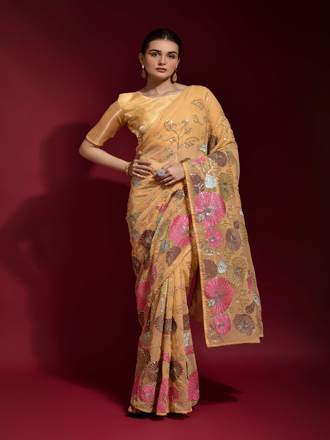 Gulabo Chiku Georgette Saree with Multicolor Thread & Sequin Floral Embroidery