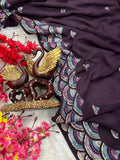 Plum Purple Embroidered Saree with Scallop Border Elegant Festive Wear