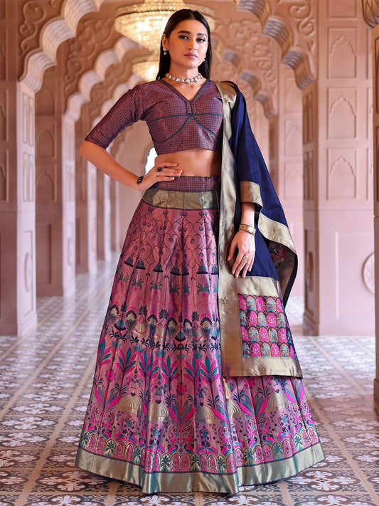 Elegant Pink Brocade Lehenga with Designer Blouse & Navy Dupatta