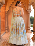Ivory Gold Floral Lehenga Set with Mirror Work and Spaghetti Strap Blouse