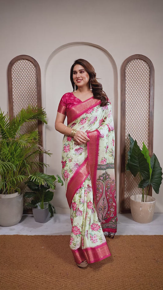 Light Yellow Floral Printed Saree for Women with Pink Zari Border Designer Pallu Soft Lightweight Festive Wear Saree with Blouse